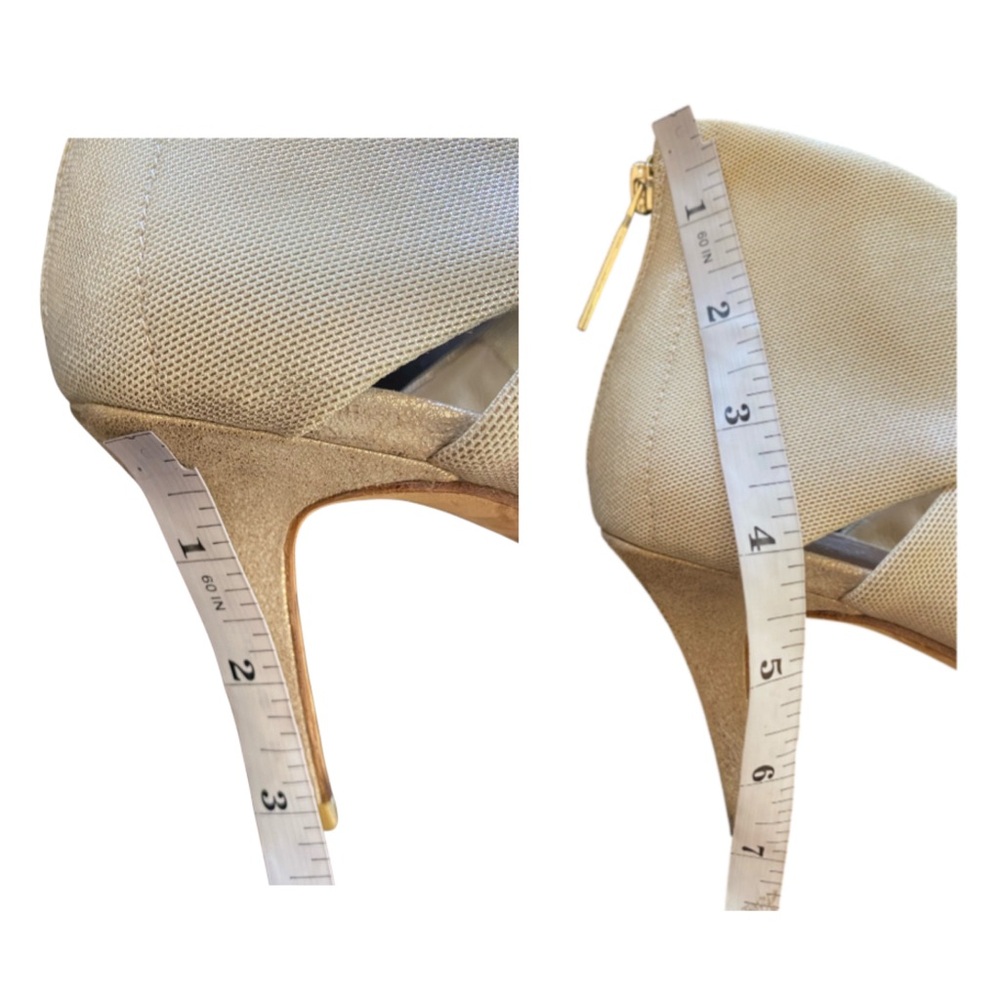 Donald Pliner Tilly Heels Size 8.5 M Tan Champagne Gold Shimmer Fabric Zip - Picture 8 of 9
